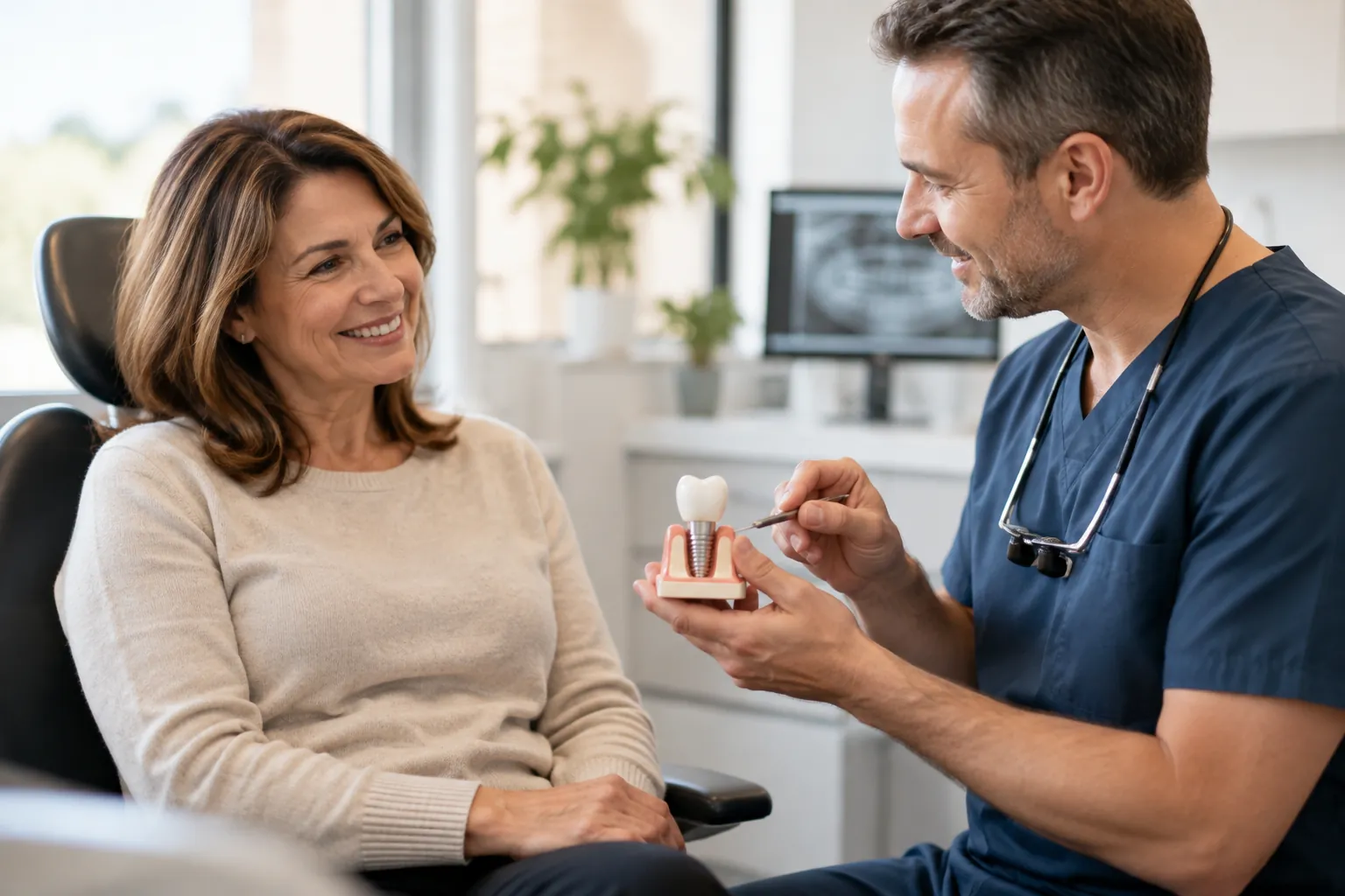 VSP Dental team member reviewing dental implant options with a patient